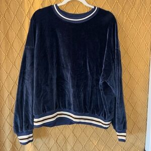 Babaton Navy Velvet Sweatshirt with White and Cream Stripe Trim